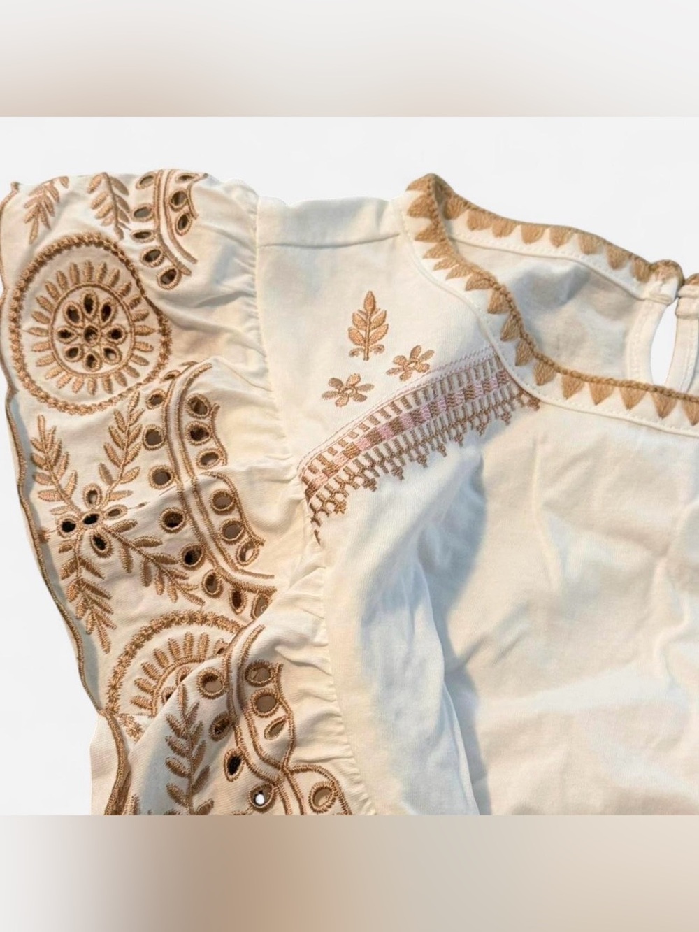 Easel Embroidered Flutter Sleeve White Blouse, Size Small - Picture 3 of 5